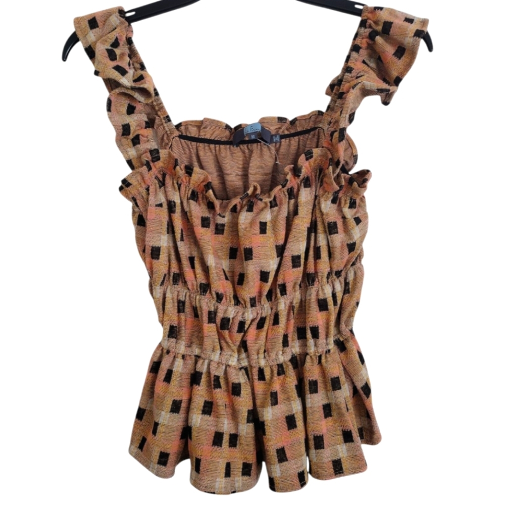 Eva Franco Ruffled Checkered Square Patterned Tan Multicolor Top Size Medium